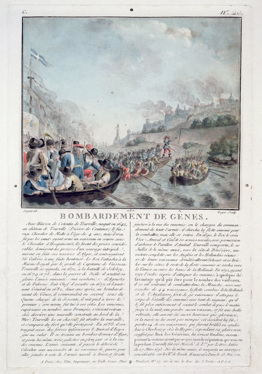 Bombardeo de Génova, 1684, grabado por Jean Baptiste Morret, 1787 de Antoine Louis Francois Sergent Marceau