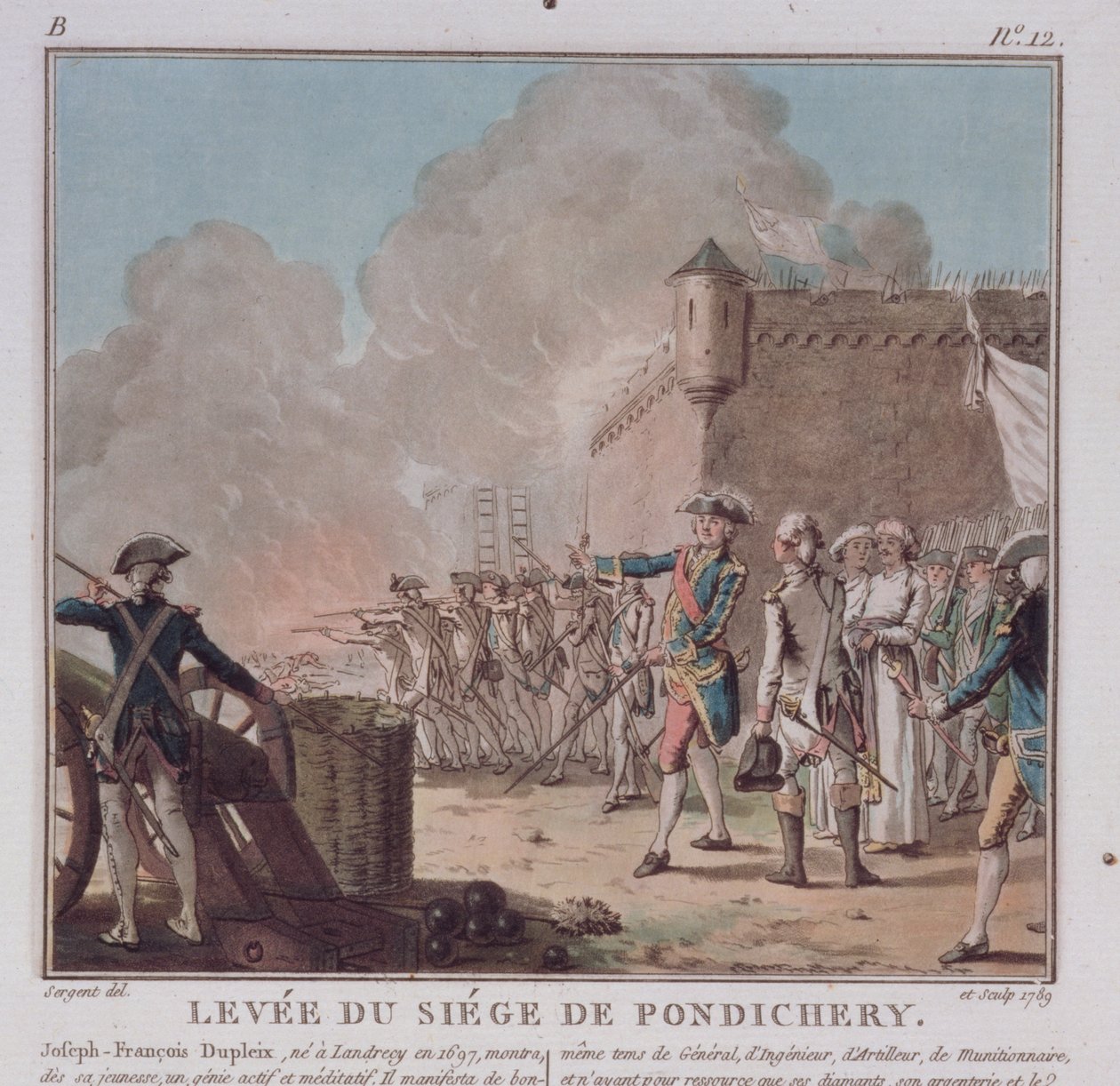 Levantamiento del sitio de Pondicherry, 1748, grabado en 1789 de Antoine Louis Francois Sergent Marceau