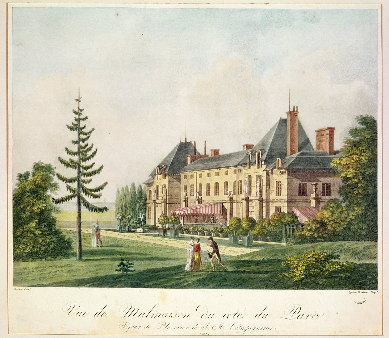 Vista de Malmaison desde el parque, grabado por Marchand Lefebvre, c.1790-1810 de Antoine Pierre Mongin