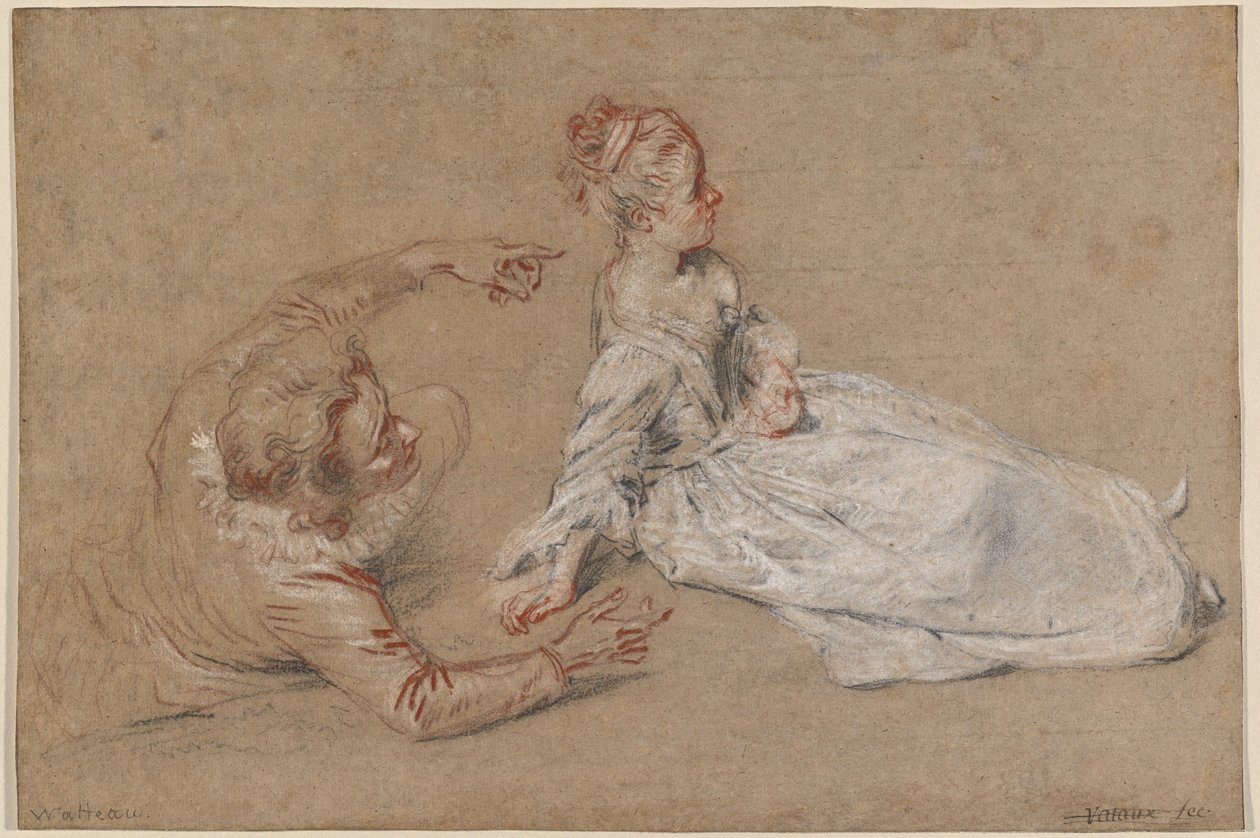 Un hombre reclinado y una mujer sentada en el suelo de Jean Antoine Watteau