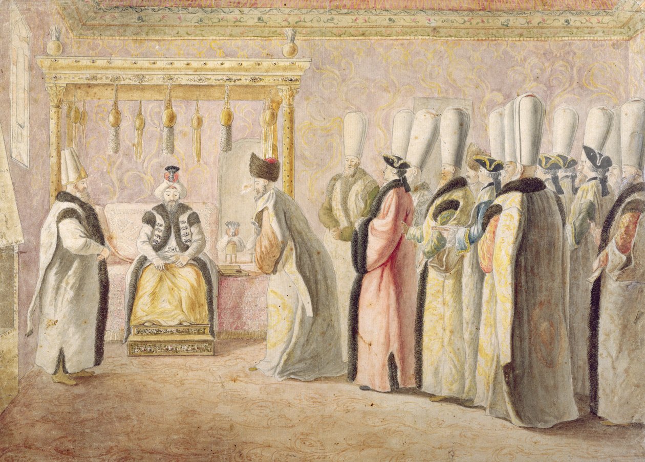 Audiencia de despedida del embajador francés Charles Gravier (1717-87), Conde de Vergennes, con el sultán Mustafa III (1717-74) en Constantinopla el 17 de diciembre de 1768 de Antoine de Favray