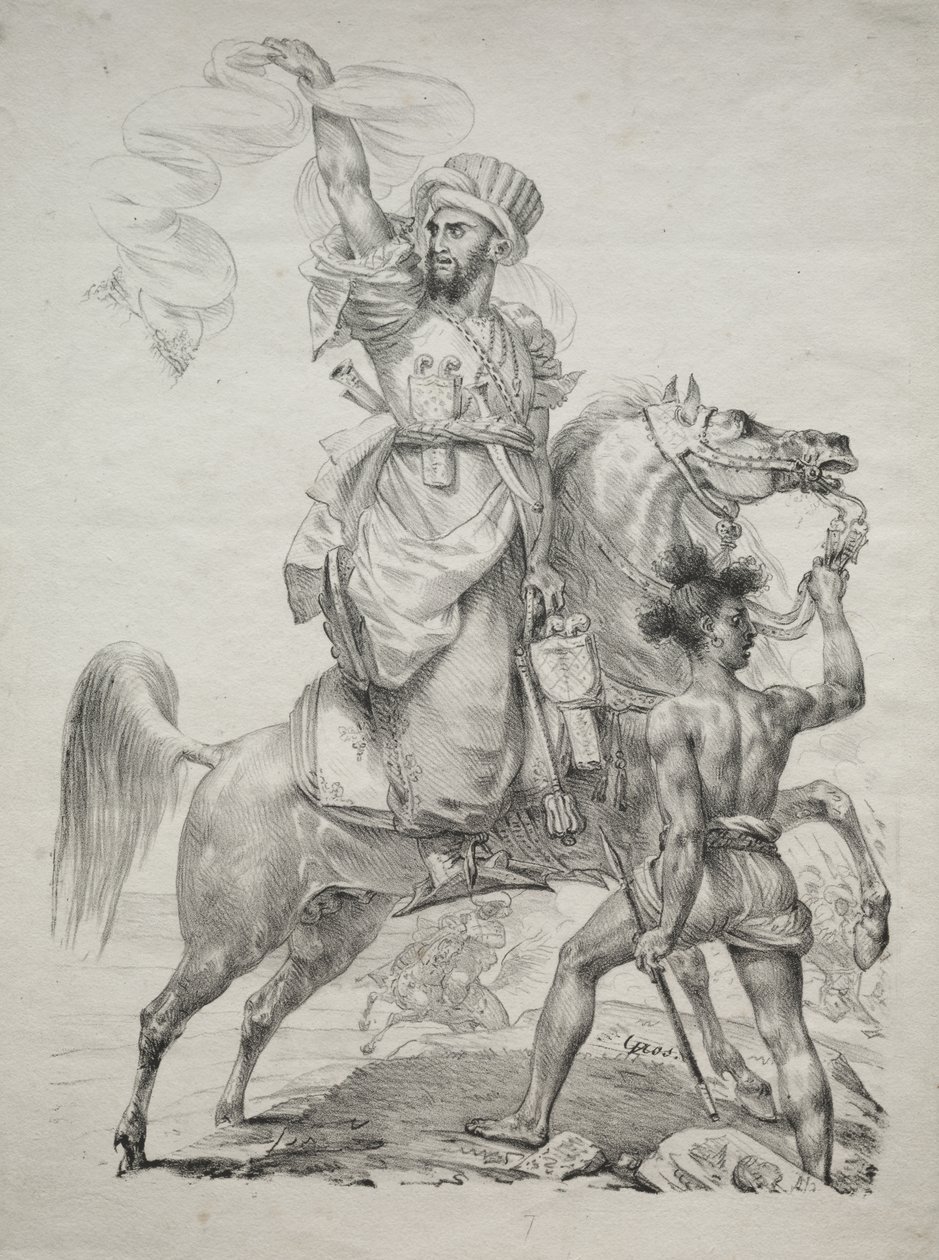 Un jefe mameluco a caballo haciendo señales para pedir ayuda de Antoine-Jean Gros