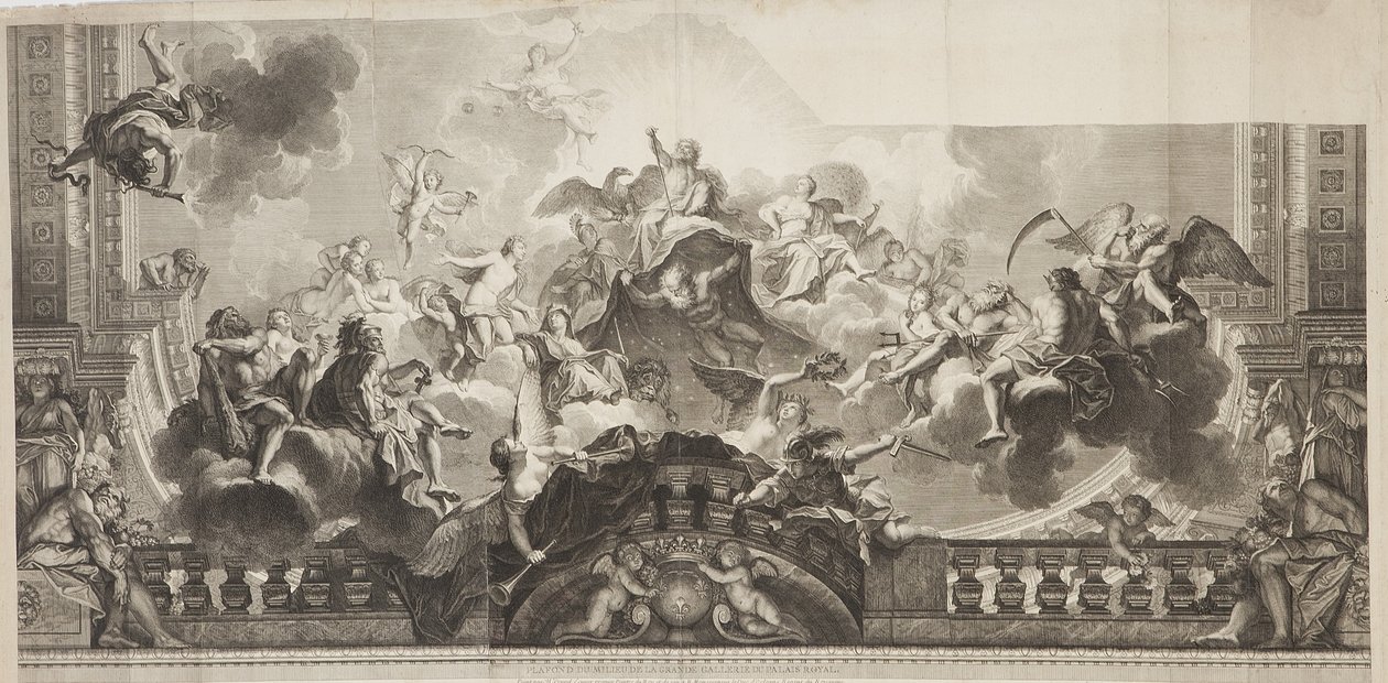 Diseño del Panel Central del Techo de la Gran Galería del Palais Royal, grabado por Nicolas Henri Tardieu de Antoine (after) Coypel