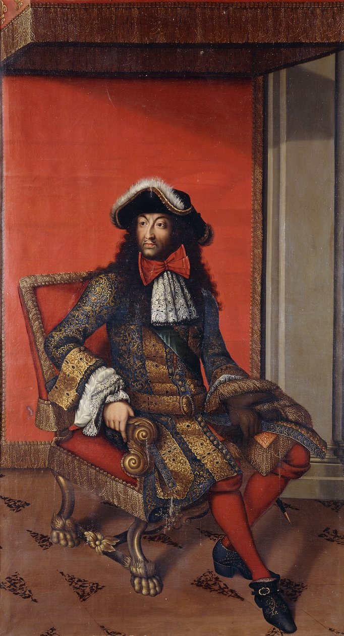 Retrato del rey Luis XIV, sentado de cuerpo entero, con un abrigo azul y dorado bordado con una gorguera blanca y un sombrero adornado con pieles, en un trono (óleo sobre lienzo, sin forrar) de Antoine (after) Dieu