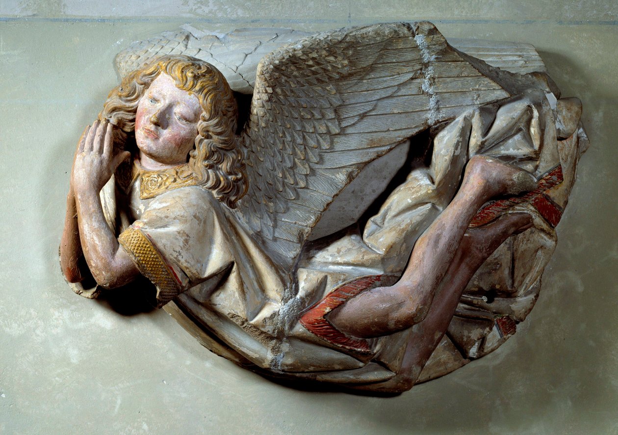 Ángel volador Relieve en piedra caliza policromada atribuido a Antoine le Moiturier (1425-1495) y destinado a "La Mise au tombeau ofrecida por Jaquotin Ogier y su esposa Pernette". de la Capilla de los Carmelitas en Semur en Auxois. 1490 aprox. de Antoine (attr. to) Le Moiturier