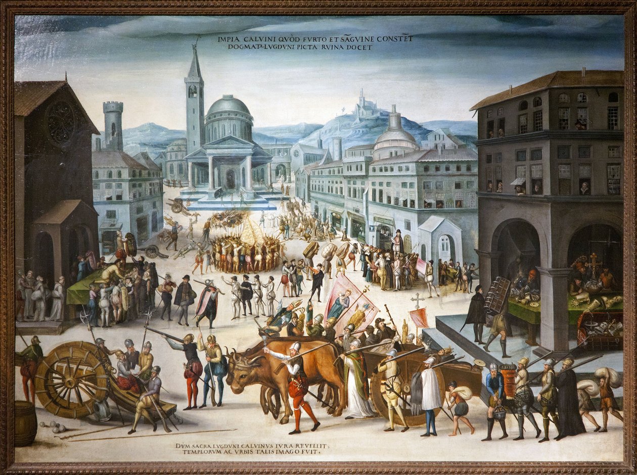 Sac de Lyon por los calvinistas en 1562. Actos iconoclastas protestantes contra el culto a las imágenes religiosas de la Iglesia católica. Durante la primera guerra de religiones, las reformas dirigidas por el Barón des Adrets tomaron el Ayuntamiento y los de Antoine (school of) Caron