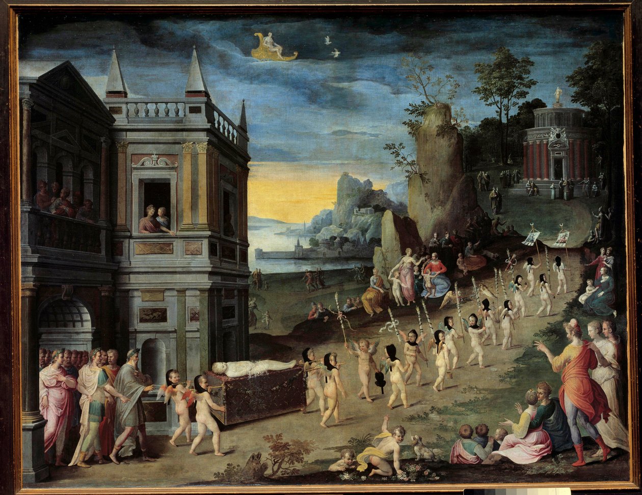 Alegoría: el funeral del Amor Un cortejo fúnebre llevando el cuerpo de Eros se dirige hacia el templo de Venus de Antoine (studio of) Caron