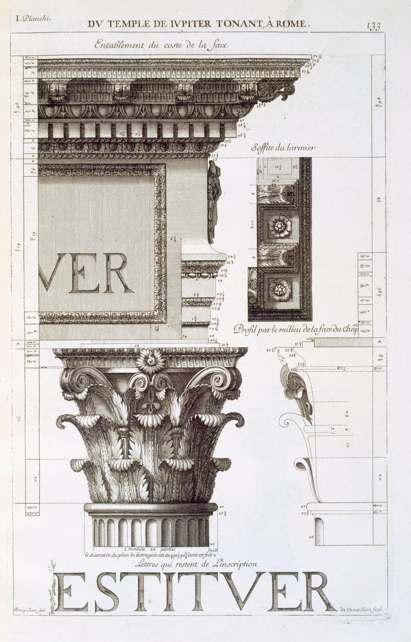 Entablamento, capitel e inscripción del Templo de Júpiter Tonans (El Tronador), de 