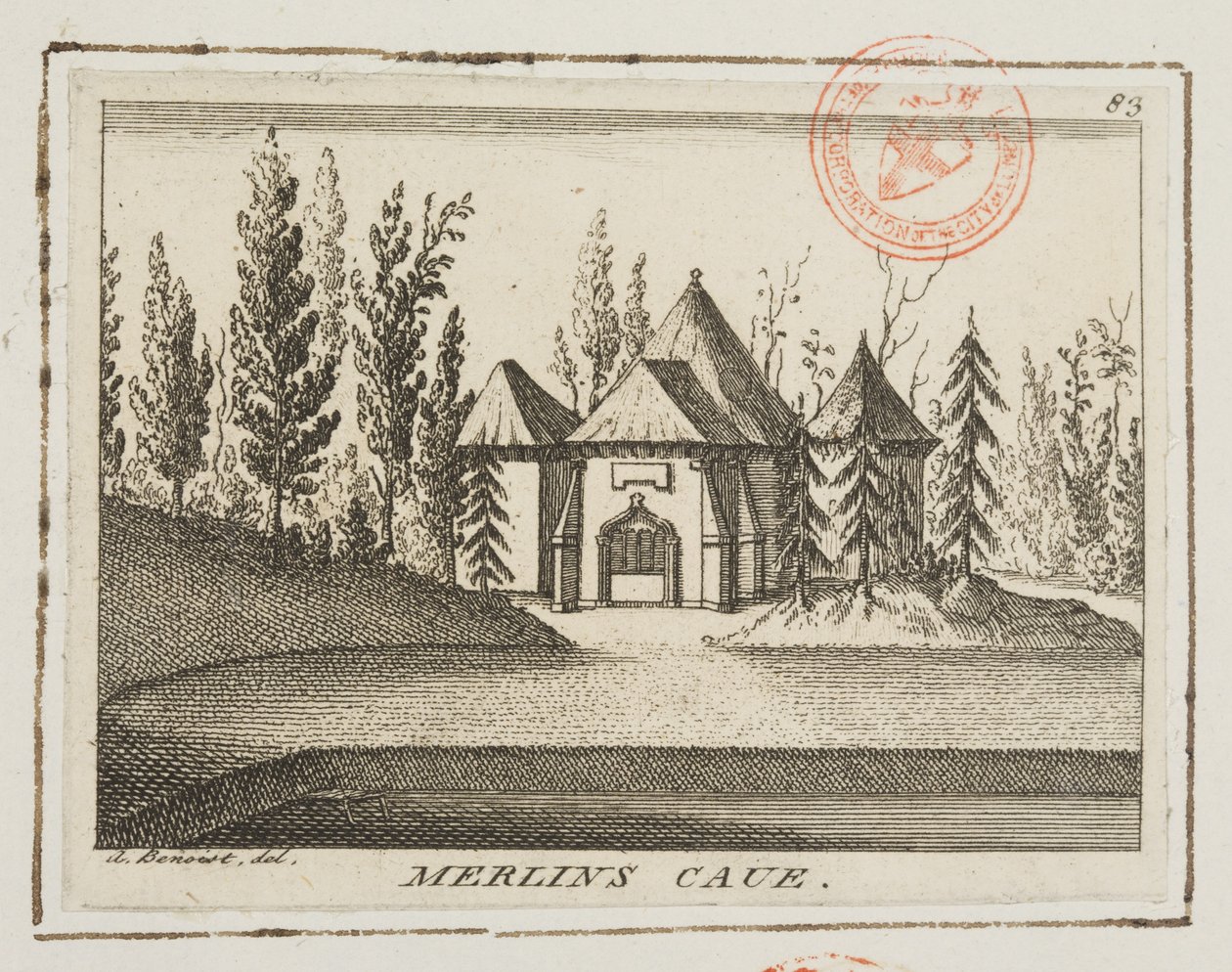 Vista de la Cueva de Merlín, Jardines de Kew, ilustración de 
