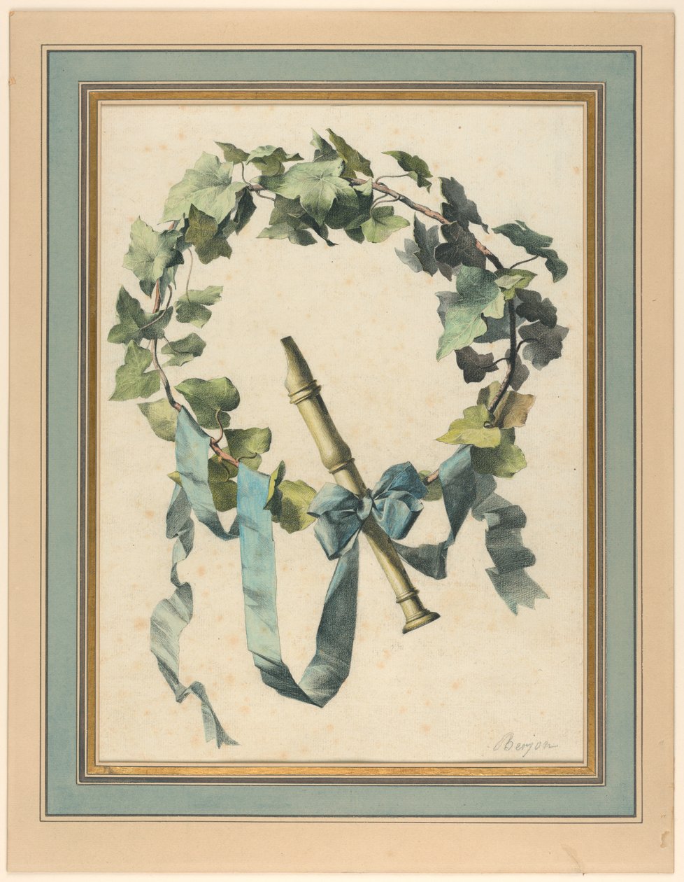 Dibujo, Trofeo con flauta, hiedra y cinta azul, 1780-90 de Antoine Berjon
