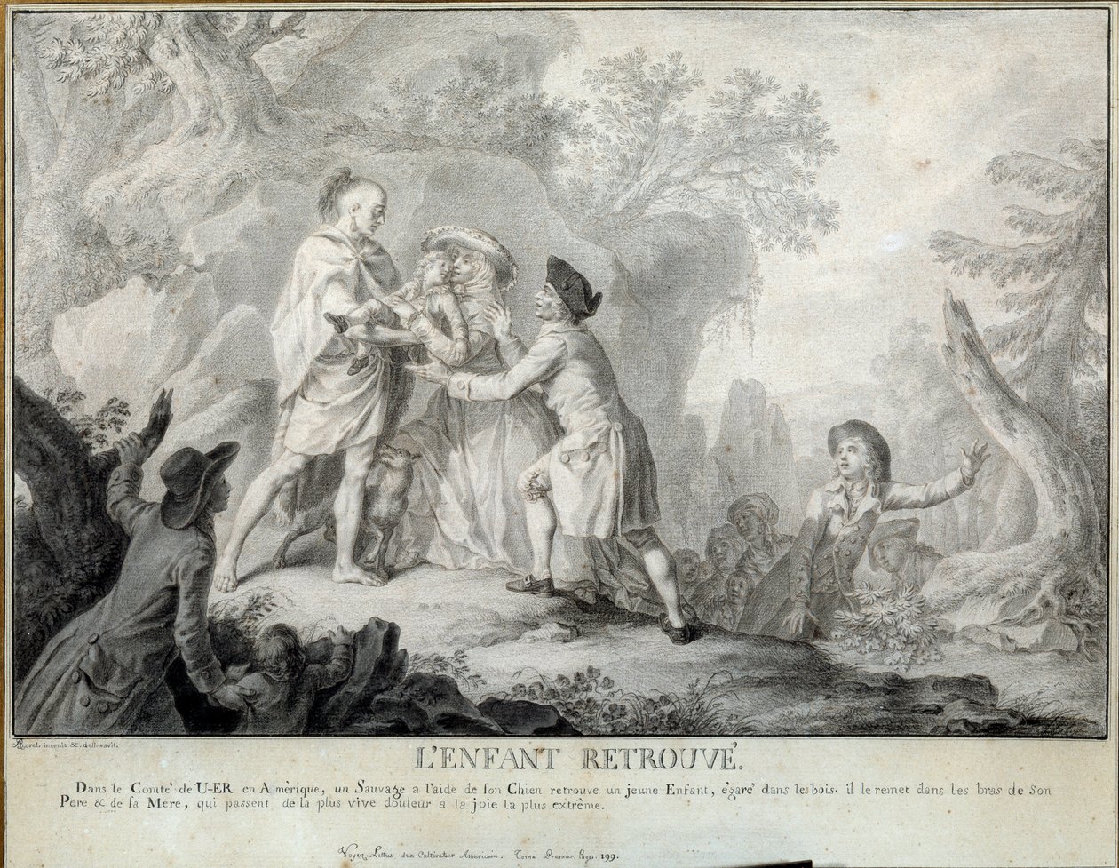 El niño encuentra. Ilustración de las “Cartas de un granjero americano” de Saint John de Crevecoeur. Litografía de Antoine Borel (1743-1810) aproximadamente 1783. Blerancourt. Museo Franco Americano de Antoine Borel