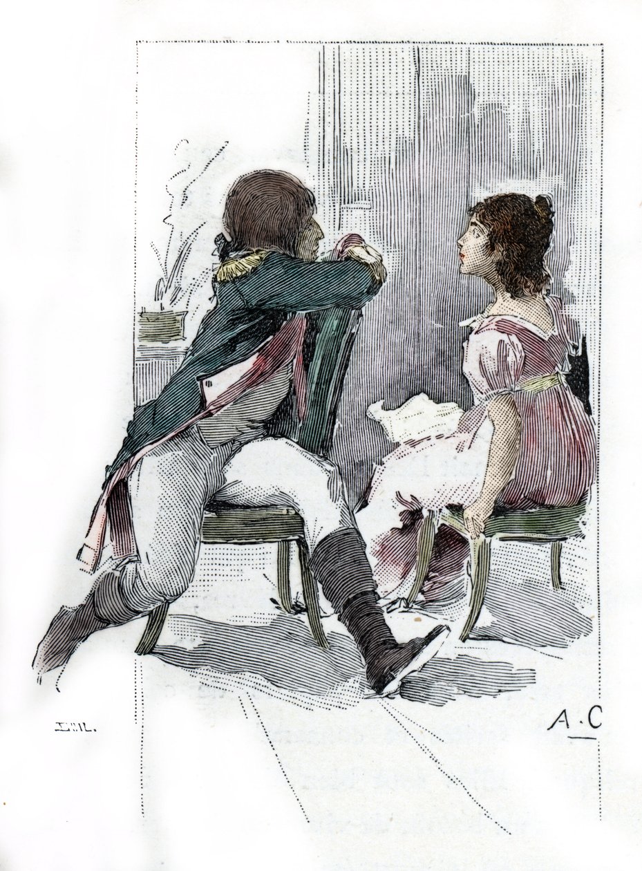 Portrait of Napoleon Bonaparte (1769-1821) with his fiancee Desiree Clary (1777-1860) c. April 1795 (Retrato de Desiree Clary en el momento de su compromiso con Napoleón Bonaparte, abril de 1795) Dibujo de Antoine Calbet extraído de "Napoleon et les femmes de Antoine Calbet