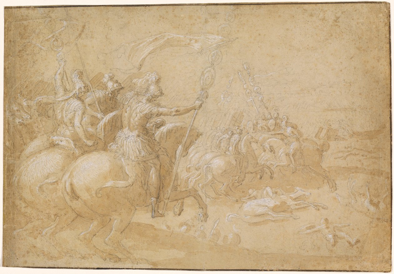 Guerreros romanos antiguos cabalgando hacia la batalla de Antoine Caron