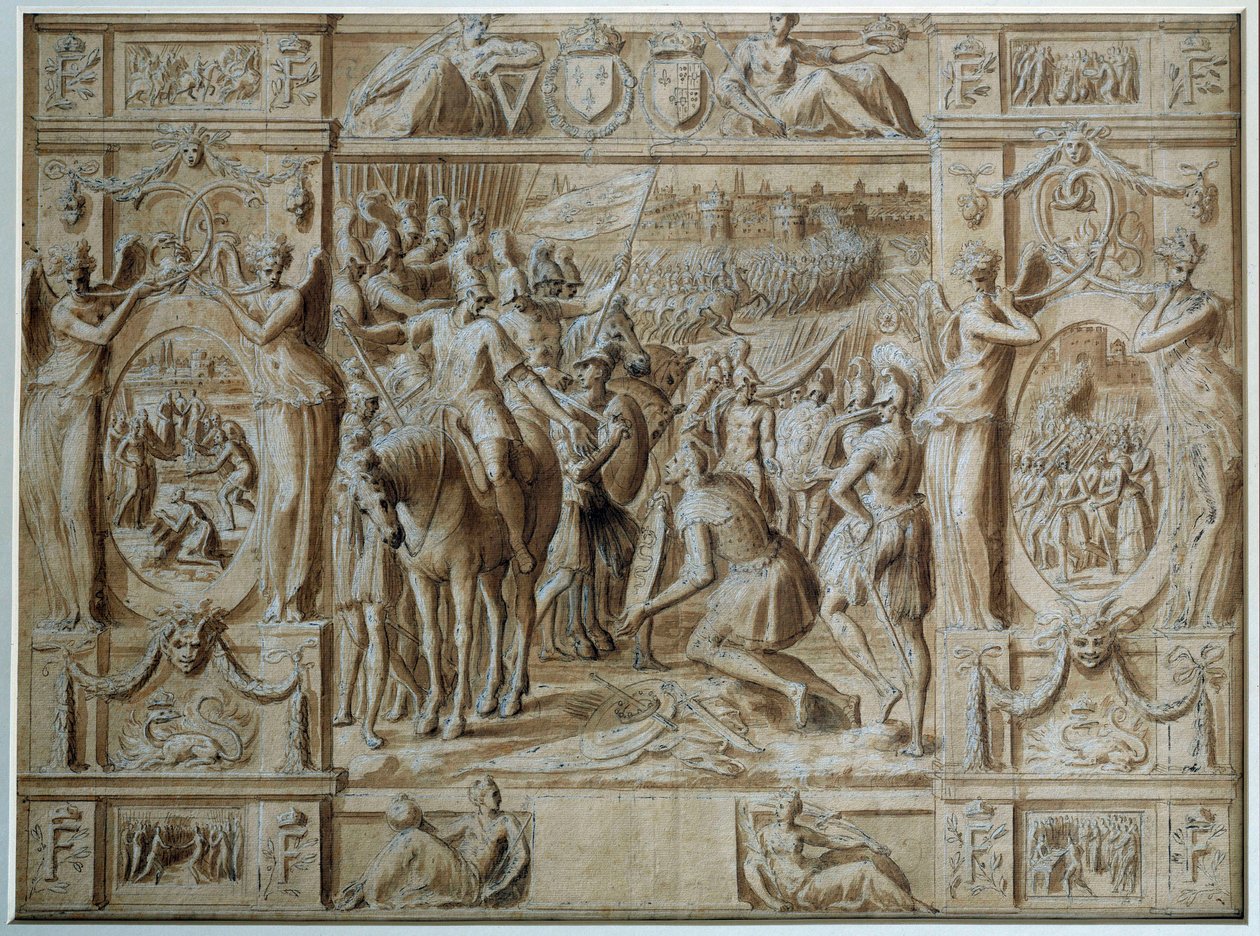 La Sumisión de Milán. Las tropas de Francisco I tomaron la ciudad de Milán tras la victoria en la Batalla de Marignano en 1515. Dibujo en pluma y lavado por Antoine Caron (1521-1599) siglo XVI París, Museo del Louvre de Antoine Caron