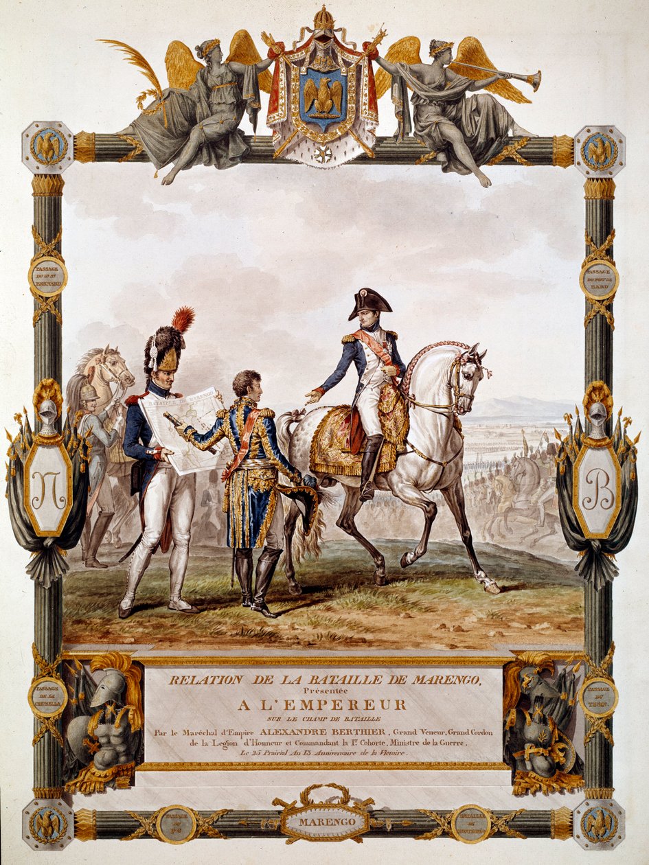 Frontispicio de la relación de la Batalla de Marengo el 14 de junio de 1800: Mariscal Berthier muestra la estrategia de batalla a Napoleón I de Antoine Charles Horace Vernet