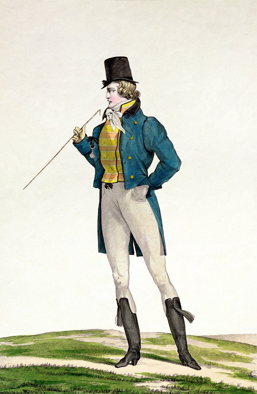 Un dandi con sombrero Robinson, con rizos infantiles, pantalones de punto y botas de montar, placa 5 en la serie Incroyable et merveilleuse de placas de moda, grabado por Georges Jacques Gatine de Antoine Charles Horace Vernet