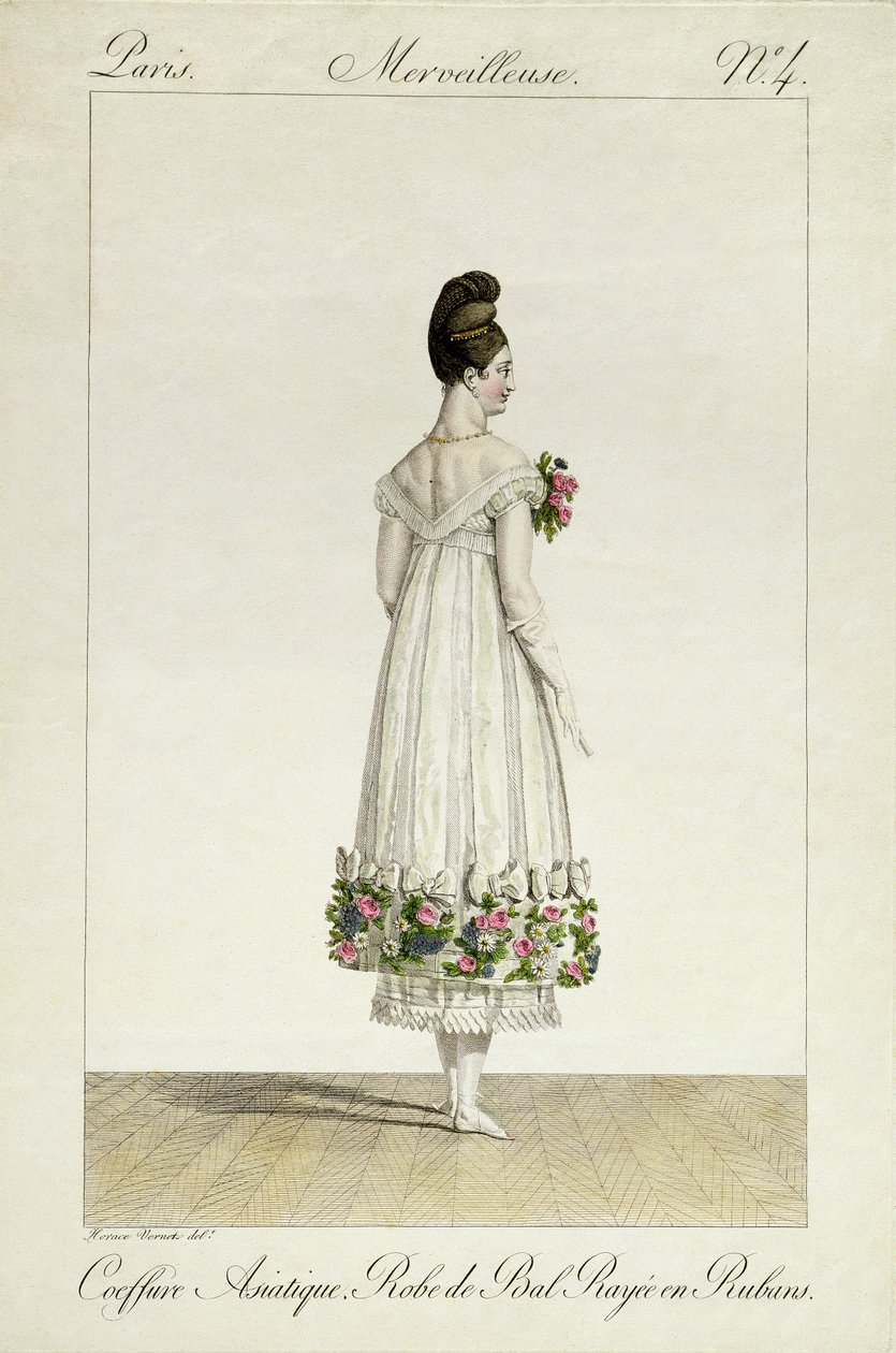 Una dama con peinado asiático en un vestido de baile adornado con cintas, lámina 4 de la serie 