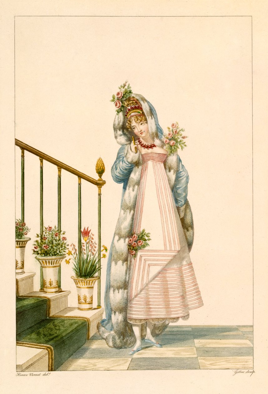Vestido de baile con capa bordeada de armiño, ilustración de 