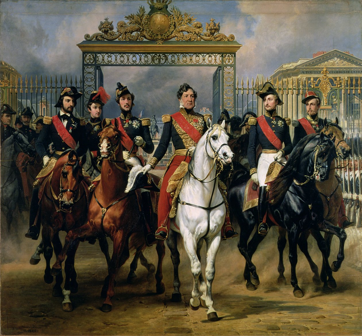 El rey Luis Felipe (1773-1850) de Francia y sus hijos saliendo del castillo de Versalles a caballo, 1846 de Antoine Charles Horace Vernet