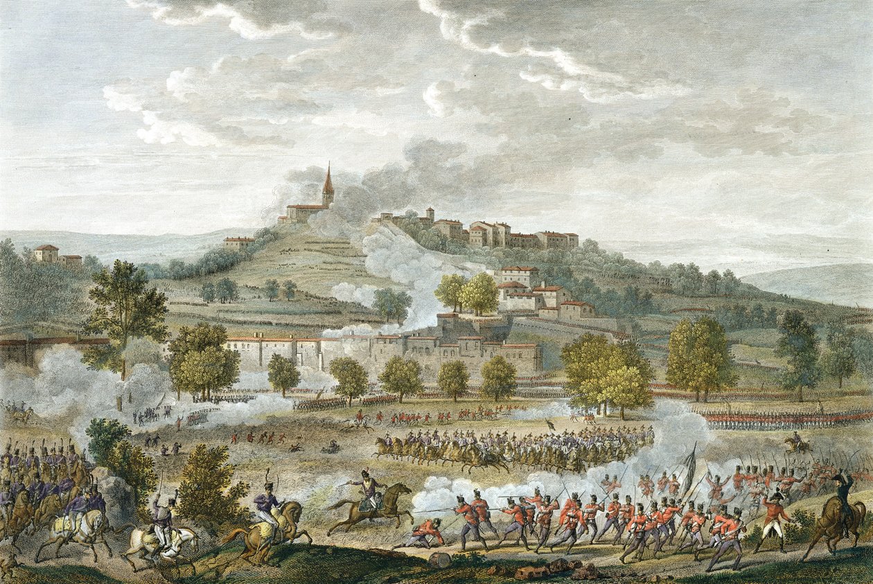 La batalla de Montebello y Casteggio, 20 Prairial, Año 8 (9 de junio de 1800) grabado por Jean Duplessi-Bertaux de Antoine Charles Horace Vernet