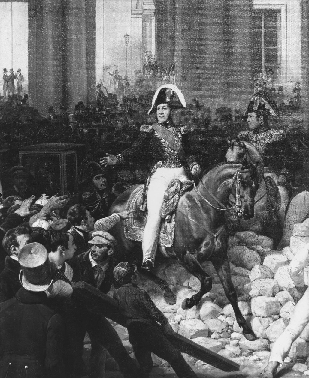 El duque de Orleans deja el Palais-Royal y se dirige al Hotel de Ville el 31 de julio de 1830, 1832 (detalle) de Antoine Charles Horace Vernet