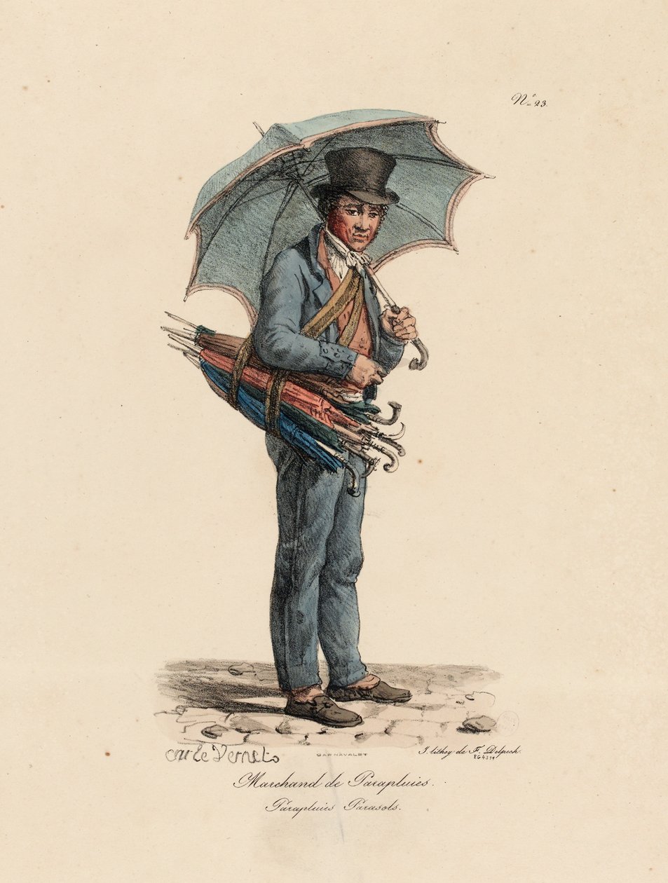 El vendedor de paraguas y parasoles, número 23 de la serie Los gritos de París, grabado por François Seraphin Delpech (1778-1825) de Antoine Charles Horace Vernet