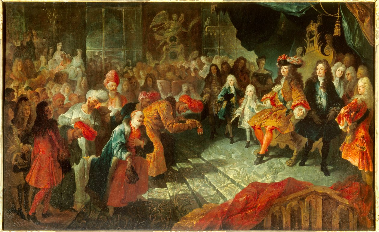 El rey Luis XIV (1638-1715) recibe al Embajador Extraordinario de Persia Mehemet Reza Bey (Raza-Bey) en la galería de los espejos en Versalles el 19/02/1715 de Antoine Coypel