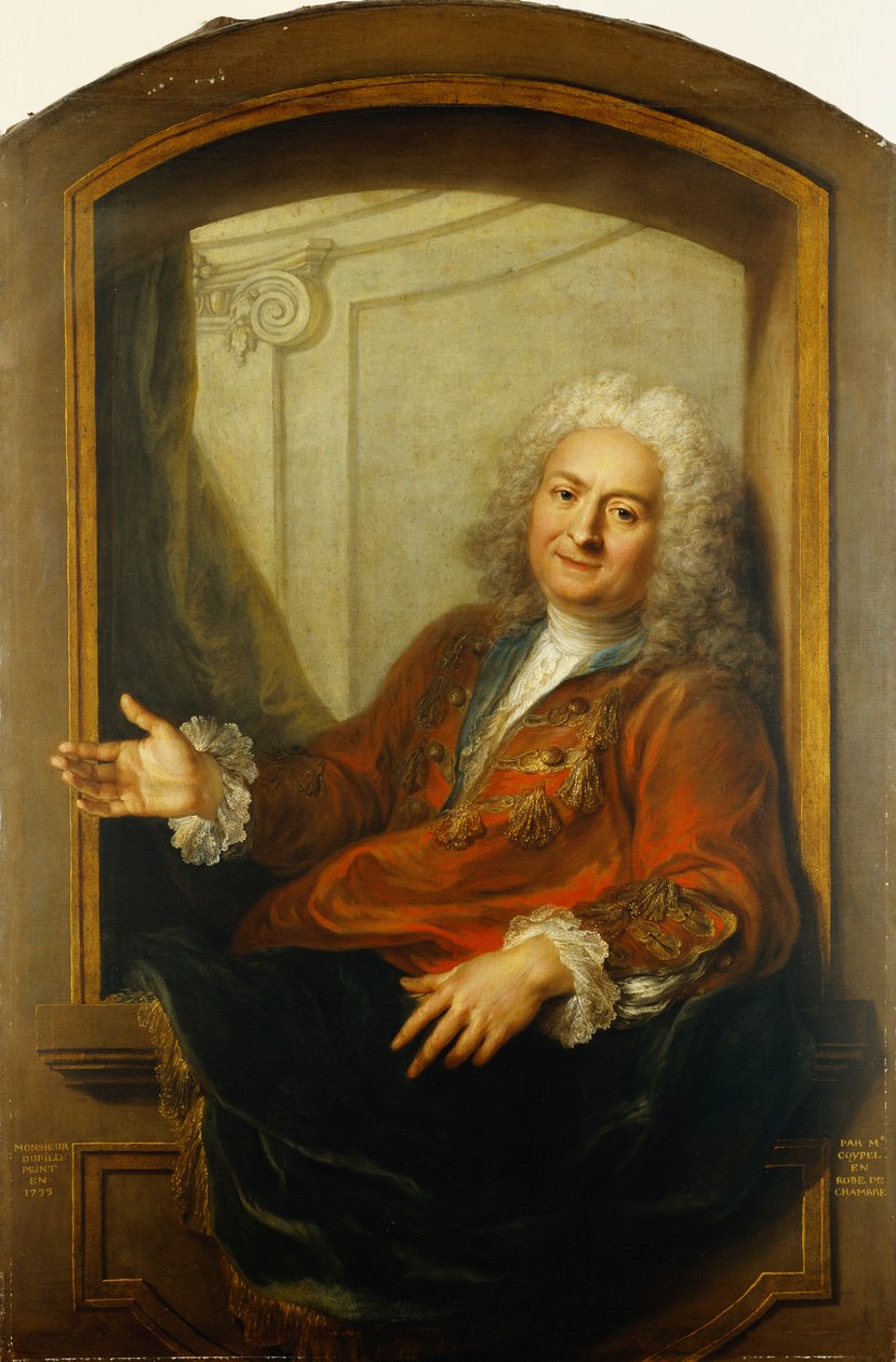 Retrato de Monsieur Dupille, medio cuerpo, con una túnica sentado en el borde de una ventana, 1733 de Antoine Coypel
