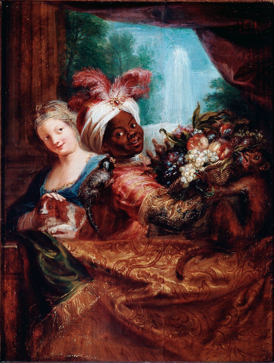 Joven acariciando a un perro y sirviente negro presentando una canasta de frutas. Un pequeño mono está sobre su hombro. Pintura de Antoine Coypel (1661-1722) de Antoine Coypel