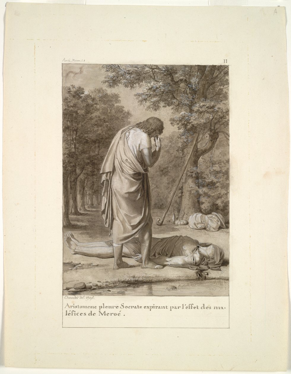 Aristómenes de luto por la muerte de Sócrates por el embrujo de Meroe (del Libro 1 de Apuleyo, "El asno de oro") de Antoine Denis Chaudet