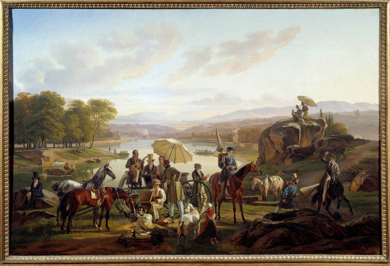 La parada de los artistas lioneses en la isla de Barbe en Lyon Pintores y músicos descansan durante un paseo a caballo. Pintura de Antoine Duclaux (1783-1868) 1824 Sol. 0,86x1,31 m Lyon, Museo de Bellas Artes de Antoine Duclaux