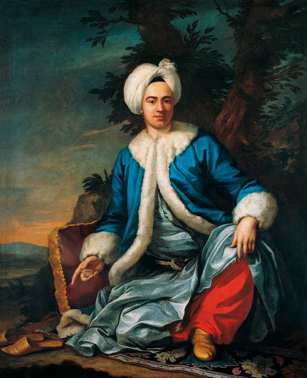 Retrato de un europeo con traje turco - Pintura de Antoine de Favray (1706-1791), óleo sobre lienzo (146x119 cm), segunda mitad del siglo XVIII, arte francés - Museo Pera, Estambul (Turquía) de Antoine Favray