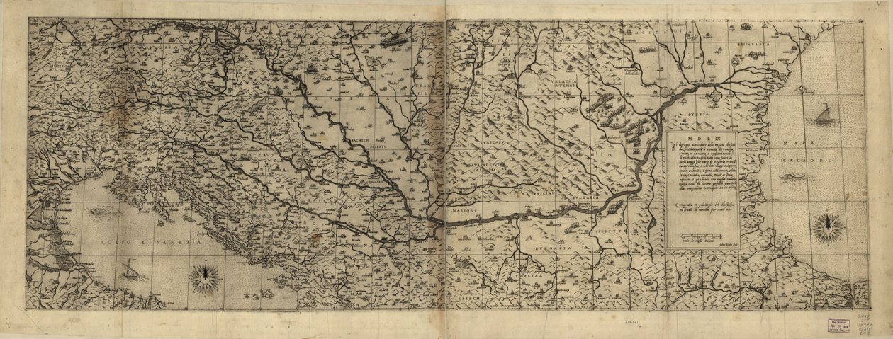 Inglés:  El relieve se muestra de forma pictórica. Algunos mapas totalmente en italiano, otros totalmente en latín. Título derivado por el catalogador de la portada del atlas Lafréry encuadernado. Diecisiete hojas sueltas que aparecen en atlas vendidos por de Antoine; Forlani Lafréry