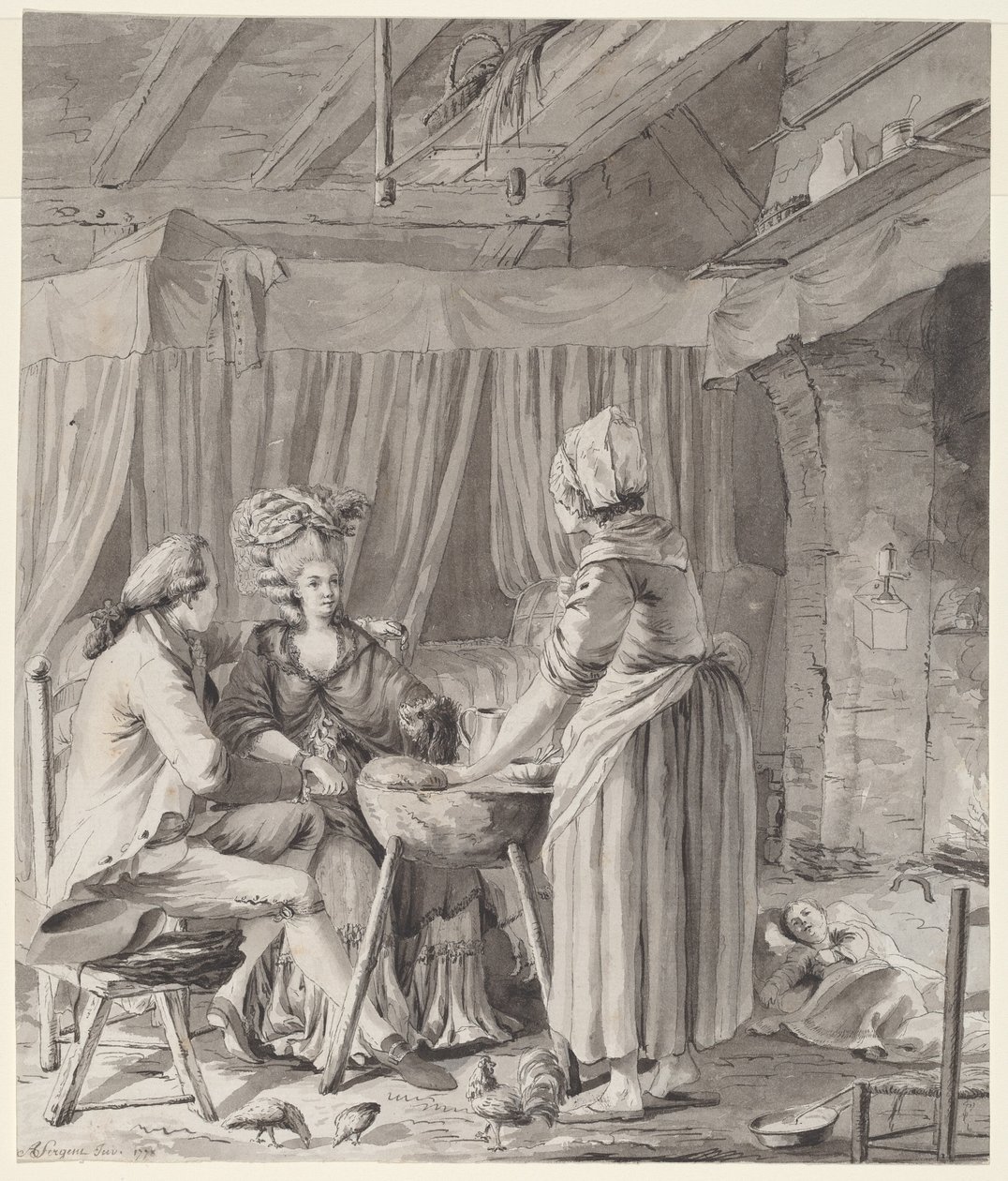 Pareja elegante almorzando en una cabaña de campo de Antoine François Sergent