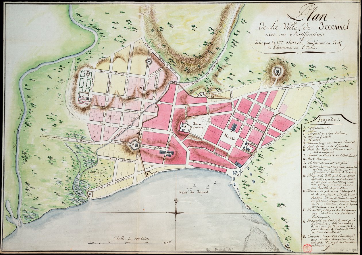 Plano de la ciudad de Jacmel con fortificaciones de Antoine François Sorrel des Rivieres
