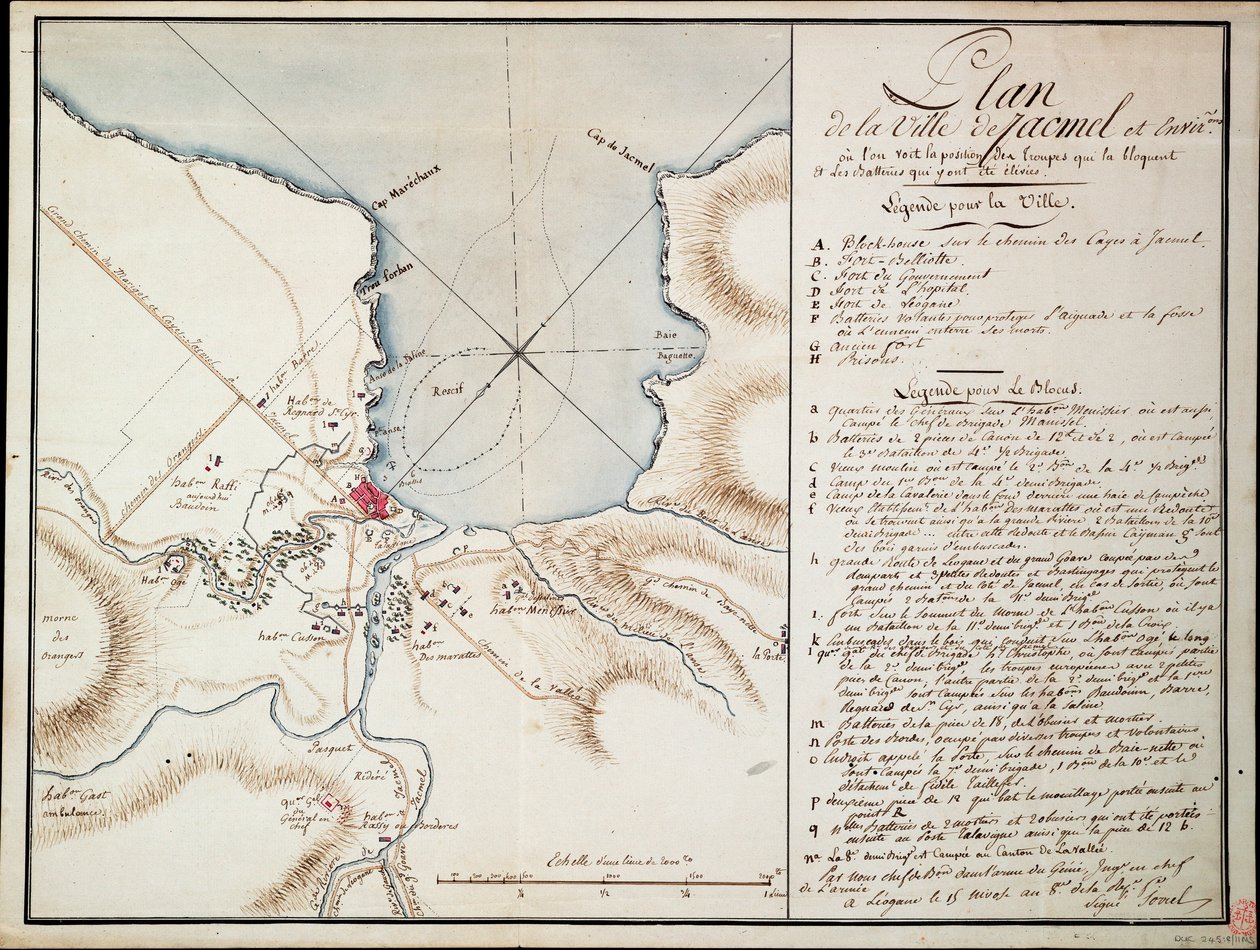 Vecindad de Jacmel, utilizada para indicar las líneas y posiciones ocupadas durante el bloqueo y las baterías establecidas para construir las defensas sitiadas. de Antoine François Sorrel des Rivieres