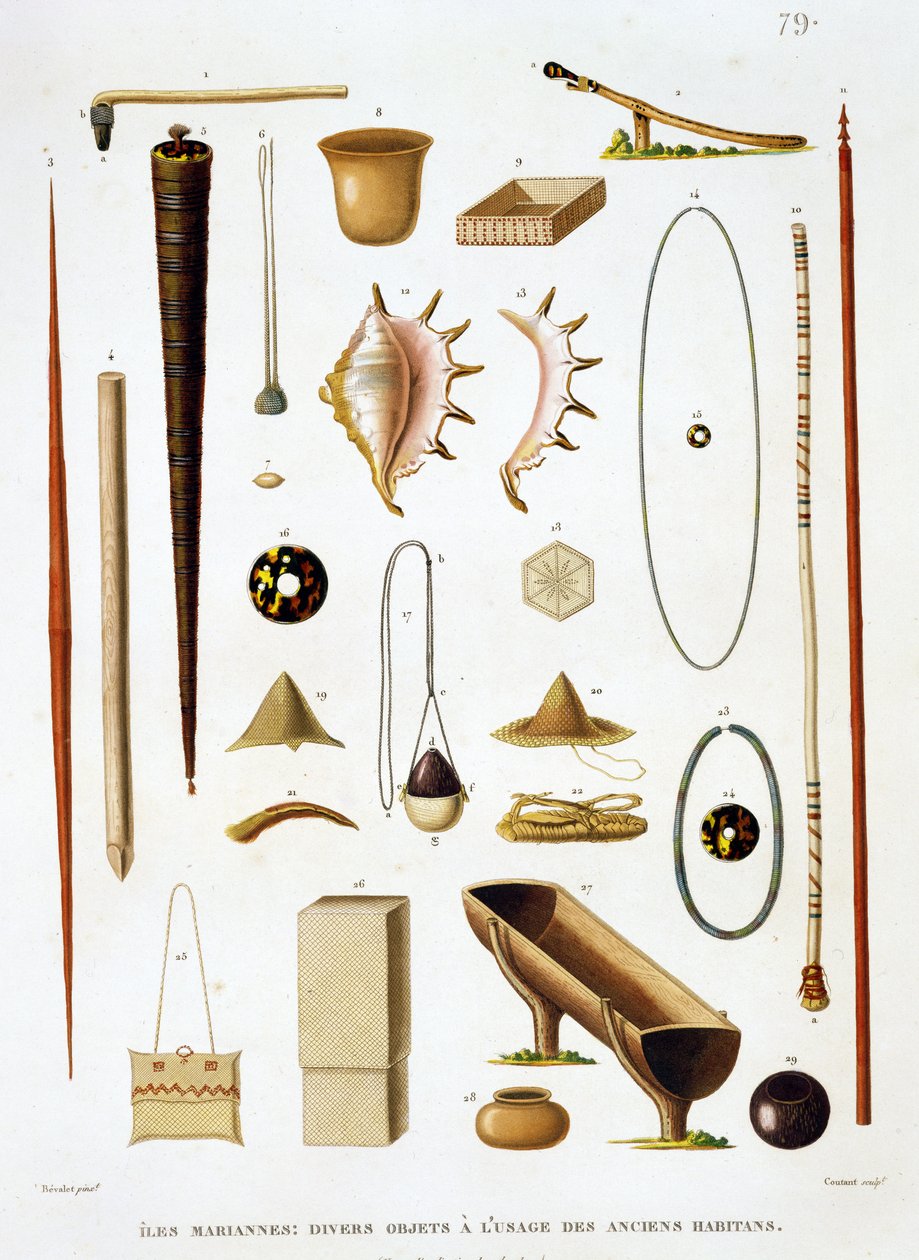 Utensilios domésticos y armas de las Islas Marianas, de Voyage autour du Monde (1817-20), por Louis Claude Desaulses de Freycinet (1779-1842) grabado por Jean Louis Denis Coutant (1776-1831), p de Antoine Germain Bevalet