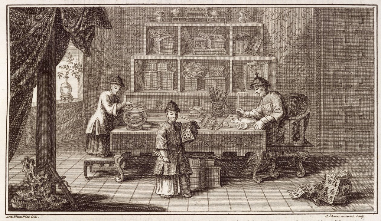 Una Tienda de Caligrafía China, de un relato de la Embajada Holandesa en China, grabado por A. Maisonneuve, c.1670s de Antoine Humblot
