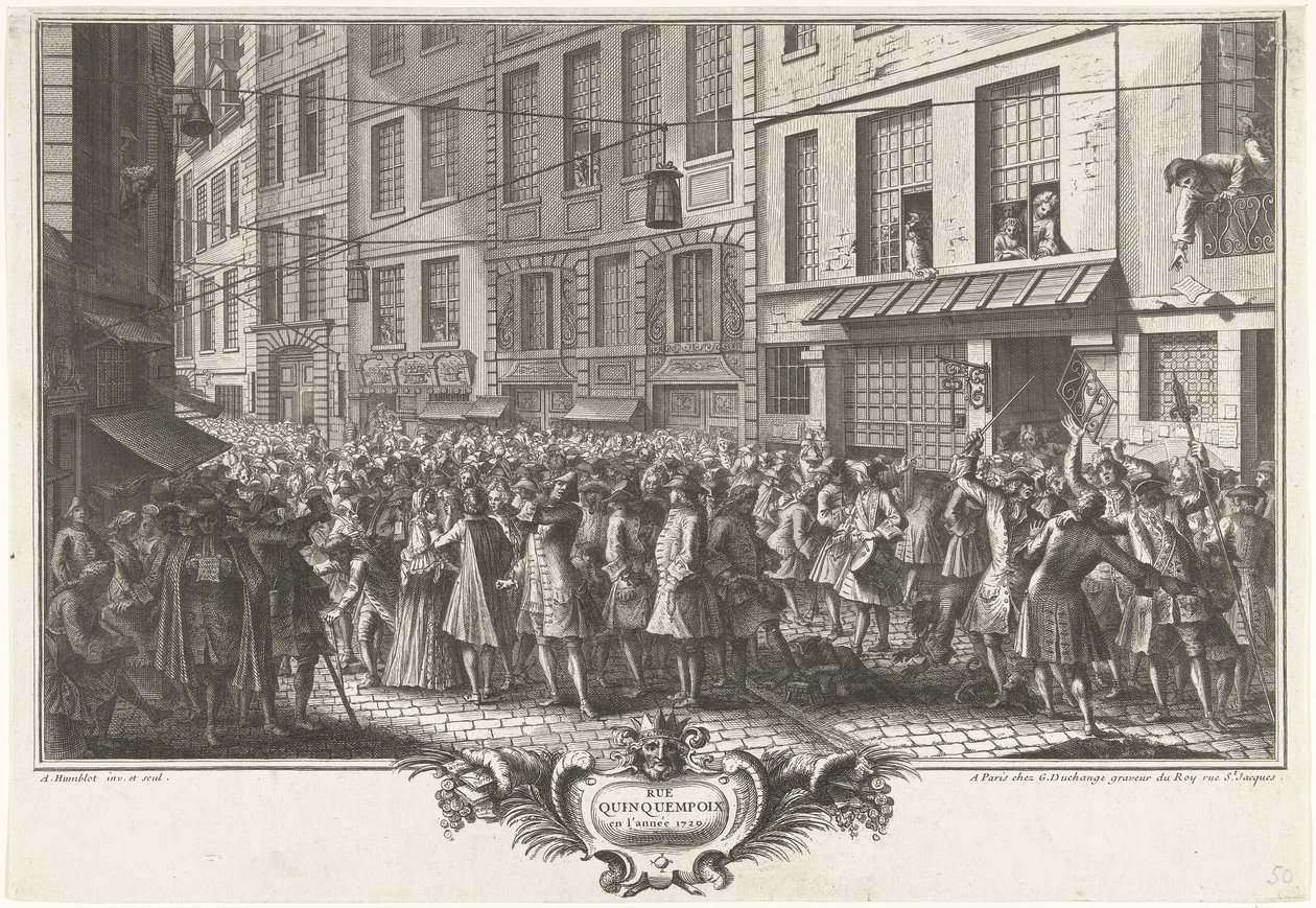 Desde la calle Quinquempoix, 1720 Rue Quinquempoix en el año 1720 (título sobre objeto) Het Groote Tafereel der Dwaasheid (título de la serie) de Antoine Humblot