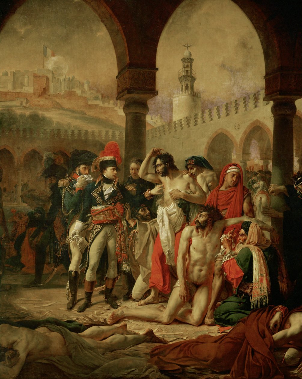 El emperador Napoleón I Bonaparte visita a los apestados de Jaffa, seguido de sus generales Berthier y Bessieres ... de Antoine Jean Gros