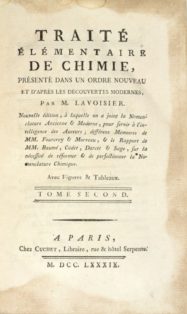 Portada de Traité Élémentaire de Chimie, Tomo II, publicado en París, 1789 de Antoine Laurent de Lavoisier