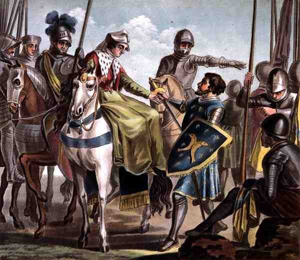 Jeanne de Navarre (1271-1304) toma prisionero al Conde de Bar, grabado por Jean Baptiste Morret (1788) de Antoine Louis Francois (after) Sergent Marceau