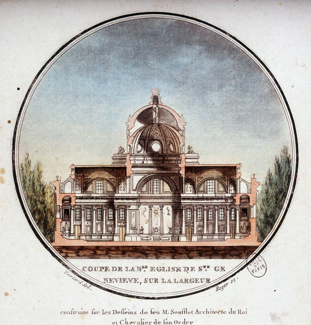 Corte en ancho de la nueva Iglesia de Sainte Geneviève, construida según los dibujos del arquitecto Soufflot, París. En vistas pintorescas de los principales edificios de París por Sergeant de Antoine Louis Francois Sergent Marceau