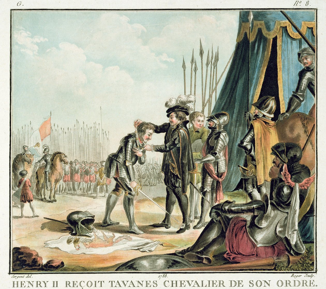 Enrique II (1519-59) recibe a Jean de Tavanes como caballero en su orden, grabado por Roger, 1788 de Antoine Louis Francois Sergent Marceau