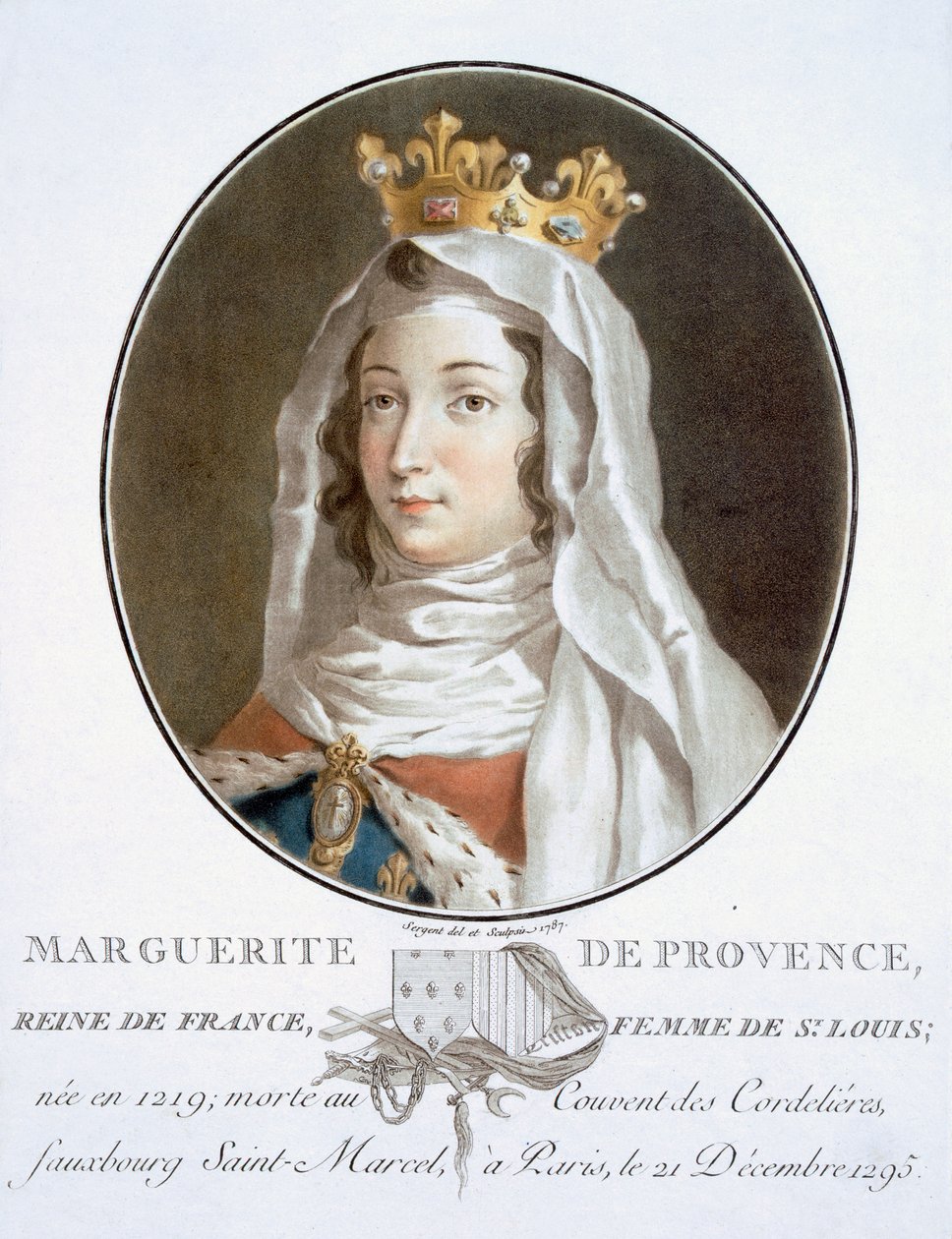 Margarita de Provenza, de Retratos de grandes hombres, mujeres ilustres y sujetos memorables de Francia, grabado e impreso en colores, publicado por Pierre Blin, 1786-92, París de Antoine Louis Francois Sergent Marceau