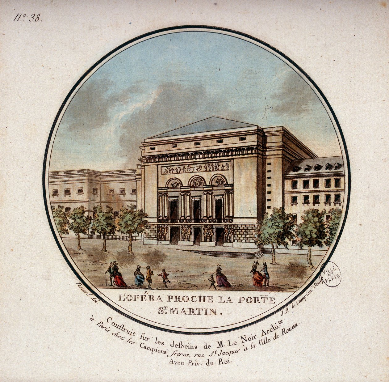La ópera construida según los dibujos del arquitecto Le Noir cerca de la Porte Saint Martin en París, hoy el teatro de la Porte Saint Martin. En vistas pintorescas de los principales edificios de París por Sergeant de Antoine Louis Francois Sergent Marceau