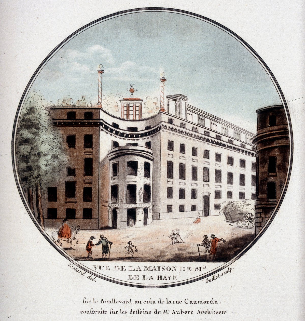 Vista de la casa de Monsieur de La Haye en la esquina de la Rue Caumartin, París, construida según dibujos del arquitecto Aubert. En vistas pintorescas de los principales edificios de París por Sergeant de Antoine Louis Francois Sergent Marceau