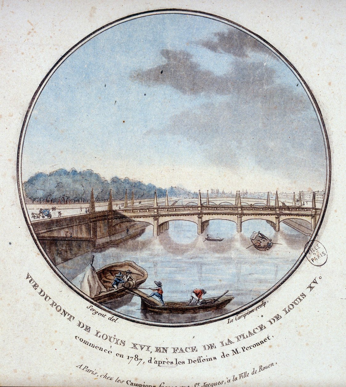 Vista del puente de Luis XVI, frente a la plaza de Luis XV, comenzado en 1787 según los dibujos del Sr. Peronnet. En vistas pintorescas de los principales edificios de París por Sergeant de Antoine Louis Francois Sergent Marceau