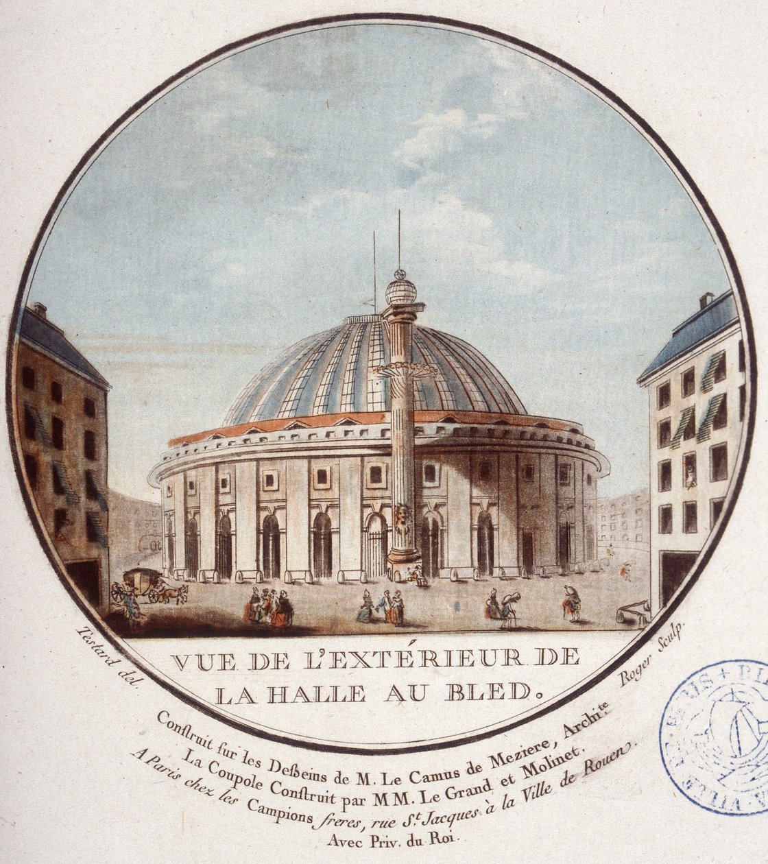 Vista del exterior del mercado de trigo, París construido por Le Camus de Mézières entre 1763 y 1766, hoy la bolsa de valores en París. En vistas pintorescas de los principales edificios de París por Sergeant de Antoine Louis Francois Sergent Marceau