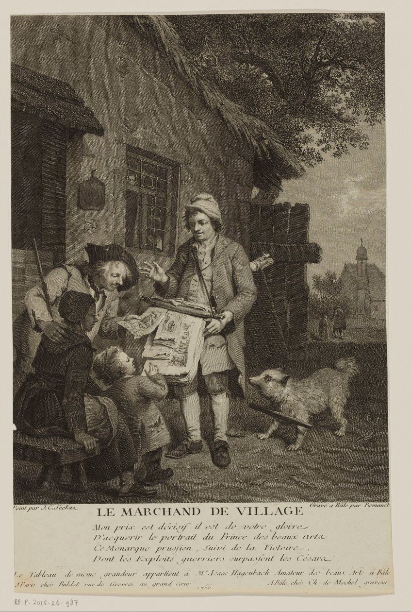 Vendedor ambulante de impresos en un pueblo
Le Marchand de Village (título en el objeto) de Antoine Louis Romanet